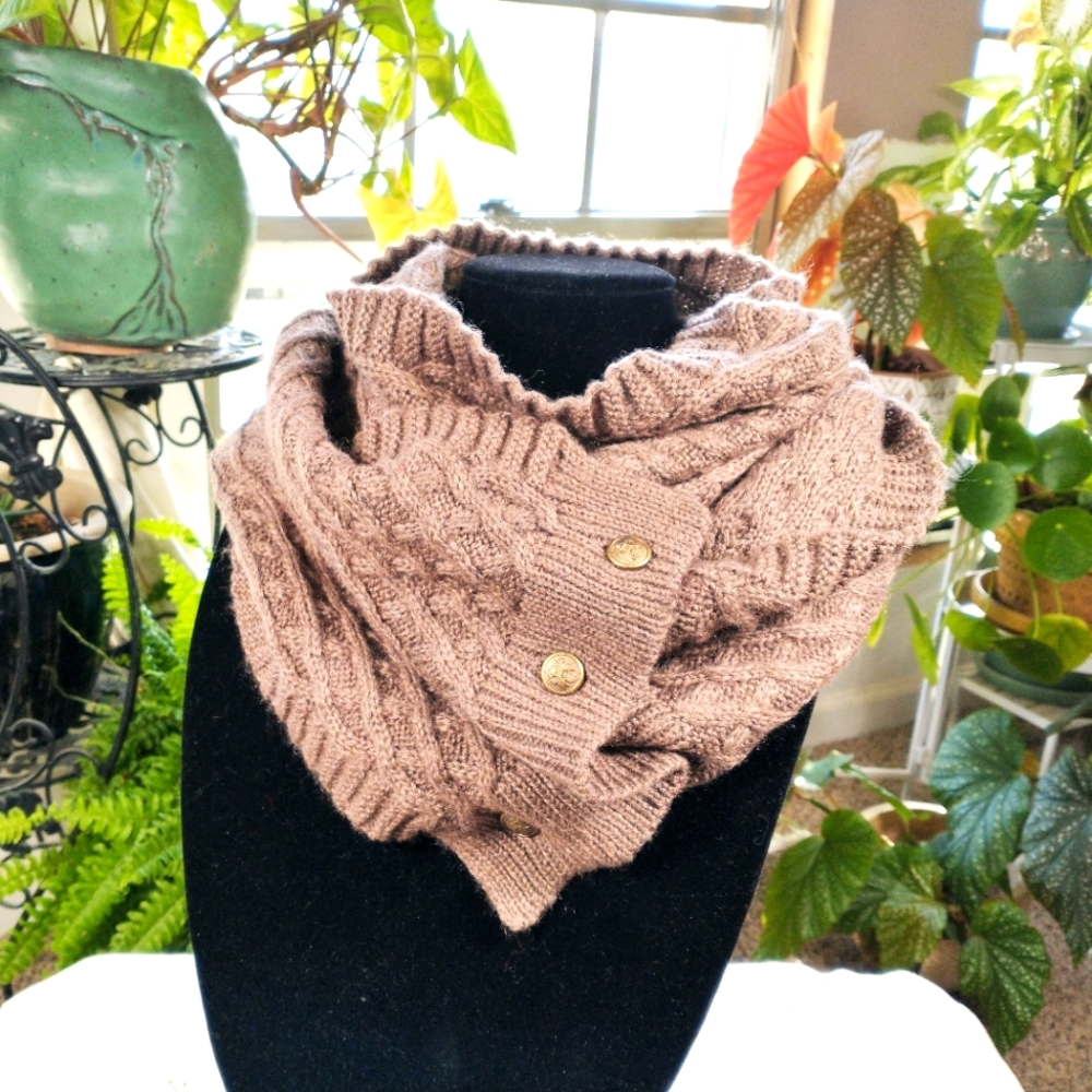 Women's Chunky Cable Knit Infinity Scarf with Military Style Buttons in Brown